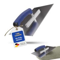 Professionelle Zahnkelle aus rostfreiem Edelstahl mit ergonomischem Softgriff für das Auftragen von Kleber auf Wand und Boden, ideal für Fliesenleger