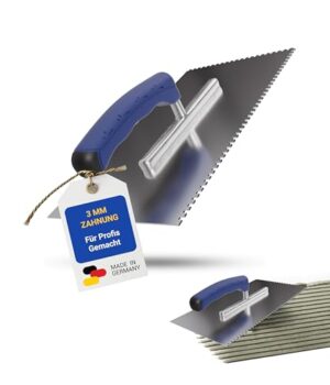 Professionelle Zahnkelle aus rostfreiem Edelstahl mit ergonomischem Softgriff für das Auftragen von Kleber auf Wand und Boden, ideal für Fliesenleger
