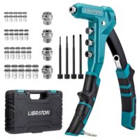 LIBRATON Nietmutternzange Set, 9,5 cm Nietzange Einhand-Nietmutter Zange Werkzeug, Handnietmutternsetzer mit 40 Nietmuttern, M3, M4, M5, M6, 4 metrische Austauschbare Nietdorne und Tragetasche