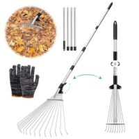 Laubrechen mit verstellbarem Stiel, Metallhandshuhe und Fächerbesen für die Gartenpflege
