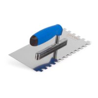 Ergonomische Zahnspachtel mit Traufel und Zahnung 10mm, aus hochwertigem Edelstahl gefertigt. Ideal für das Auftragen von Klebstoffen und Glättungsbeton.