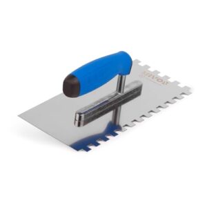 Ergonomische Zahnspachtel mit Traufel und Zahnung 10mm, aus hochwertigem Edelstahl gefertigt. Ideal für das Auftragen von Klebstoffen und Glättungsbeton.