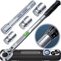 Monzana Drehmomentschlüssel 6-teilig Set, TÜV Süd geprüft, 40-210Nm, 1/2' Zoll CrV, +/- 3% Toleranz, Wende-Ratschenkopf, inkl. 3 Stecknüsse und Verlängerung