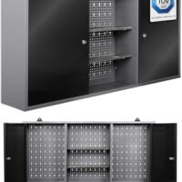 Werkstatteinrichtung, Metall-Hängeschrank mit abschließbaren Türen, Grau/Schwarz, 120 cm breit, ideal für Werkstätten, Montagebetriebe und Schulen.
