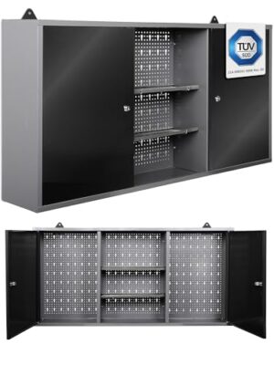 Werkstatteinrichtung, Metall-Hängeschrank mit abschließbaren Türen, Grau/Schwarz, 120 cm breit, ideal für Werkstätten, Montagebetriebe und Schulen.