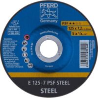 Bild einer PFERD Schruppscheibe mit der Maßangabe 125 x 7,2 x 22,23 mm, gekröpft und aus PSF STEEL gefertigt. Die Schruppscheibe ist ideal für Stahl geeignet und bietet eine hohe Leistungsfähigkeit.
