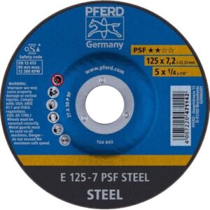 Bild einer PFERD Schruppscheibe mit der Maßangabe 125 x 7,2 x 22,23 mm, gekröpft und aus PSF STEEL gefertigt. Die Schruppscheibe ist ideal für Stahl geeignet und bietet eine hohe Leistungsfähigkeit.