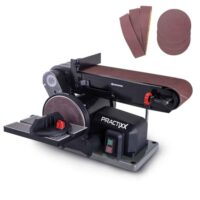 Band-Schleifmaschine mit 6-teiligen Schleifset, 370W, Ø150mm Schleifteller, Bandlänge 100x915mm, für Hart- und Weichholz