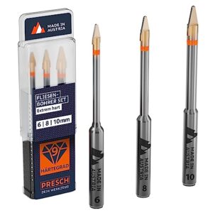 Presch Fliesenbohrer Set 3-teilig für harte Fliesen, Keramik, Glas und Porzellan, Bohrer mit Zentrierspitze und orangener Farbkennzeichnung