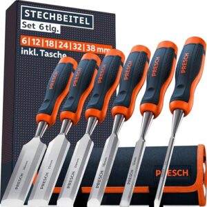 Stechbeitel Set für Holzarbeiten, 6 verschiedene Größen, Fertig geschliffen, Profi Stecheisen mit Metallschlagkappe