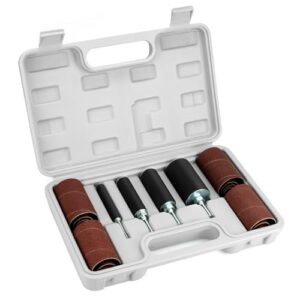 Komplettes Schleifarbeitsset mit 20 Stück Schleifwalzen, 4 Größen Gummitrommeln und 16 Schleifärmel in einem Koffer für Heimwerker, Tischler und Holzbearbeiter.