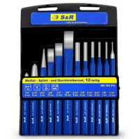 Ein Set mit 12 verschiedenen Meißeln aus Chrom-Vanadium-Stahl, einschließlich Hand-, Flach- und Steinmeißeln sowie Ankörnern, ideal für die Metallbearbeitung, Holzbearbeitung und den Einsatz bei hartem Material wie Beton.