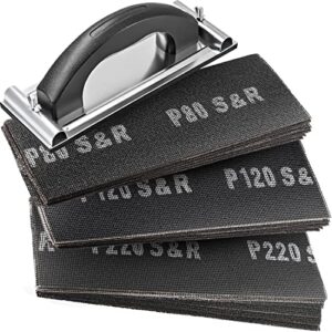 Trockenbau-Schleifgitter-Set, 30 Gitterleinen mit Schleifblättern (P80, P120, P220), Handschleifer und Siliziumkarbid-Korn für Rigips, Holz, Metall