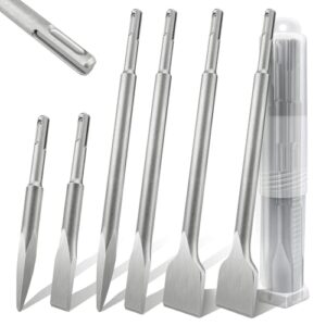 SDS Plus Meißel Set, 6 tlg. Fliesemeißel (2x Flachmeißel, 2x Breitmeißel, 2x Spitzmeißel) Spatmeißel Bohrhammer Meißel Set für Beton, Mauerwerk, Fliesen, Fliesenkleber, Naturstein