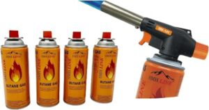 SMH LINE Gasbrenner inkl. 4x Gaskartuschen 227g Küche Lötlampe Bunsenbrenner 1300°C Lötbrenner Brenneraufsatz Flambiergerät Piezozündung Schweißbrenner