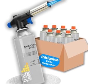 Gasbrenner mit Kartusche für Schweißbrennen und Löten bis 1300°C, Piezozündung, Bunsenbrenner für Küche