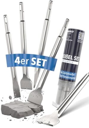 4-teiliges SDS Plus Meißel Set für Bohrhammer, Fliesenmeißel, Spitzmeißel und Spachtelmeißel aus hochwertigem Werkzeugstahl