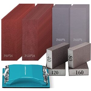 Schleifpapier Set K80 bis K600, Handschleifer, Sandpapier Set 65 Stück, für Automobil Schleifen, Holzmöbellackierung, Veredelung