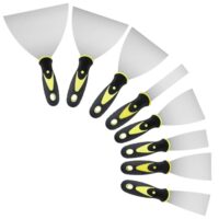 Ein Set von 8 Spachteln mit verschiedenen Größen für Trockenbau und Malerarbeiten. Die Edelstahl-Spitzen sind hochwertig, der Kunststoffgriff bequem.