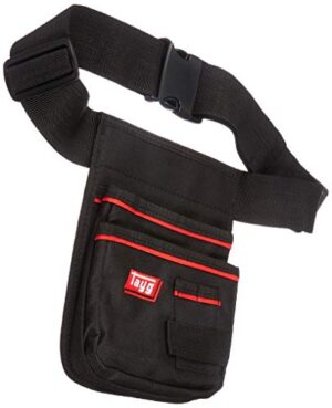 Hochwertige Nylon-Werkzeugtasche mit Rucksackteil und verschiedenen Fächern für Werkzeuge - schwarz-schwarze Farbe mit roten Nieten