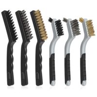 Vielseitiges Werkzeugset mit 6 Drahtbürsten in Messing, Edelstahl und Nylon zum Entfernen hartnäckiger Rückstände und Rost von Oberflächen.