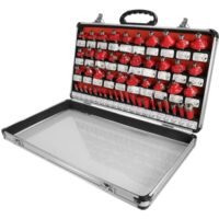 Hochwertiges Fräser-Set mit 50 verschiedenen Fräsern aus hochwertigem Carbonstahl, universeller 8 mm Schaft und hartmetallbestückte Klinge. inklusive Nut- und Fasefräsern und Aluminiumkoffer.