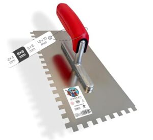Professionelles Werkzeug für Handwerker und Heimwerker - WERKFIT Zahnkelle aus Edelstahl 3 mm, Glättetelefonkappe mit Softgriff, Traufel, Höhe 280mm x Breite 130mm