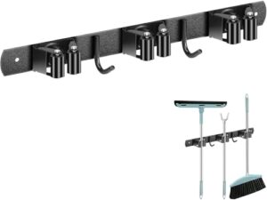 Wandhalterung für Besen, 3 Halter und 2 Haken, Selbstklebende Gerätehalter aus Edelstahl, Schwarz. Einfache und effektive Lösung zur Organisation von Werkzeugen im Haus oder in der Garage.