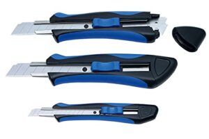Professioneller Cutter mit gummiertem Griff und Rutschbremse, 18 mm Metallkern und Rasterautomatik, inklusive 2 Ersatzklingen, blau