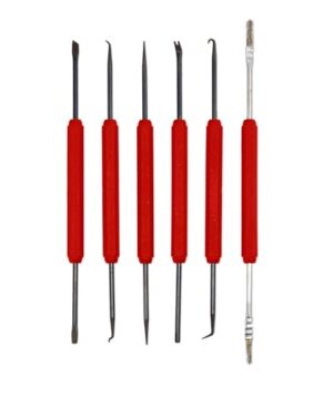 Multifunktionales Löthilfe-Set mit 6 doppelseitigen Funktionen, darunter Biegen und Fixieren von Drähten, Entlöten von Bauteilen und Reinigung von Lotrückständen