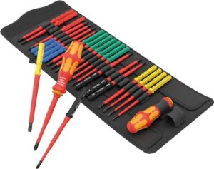Werkzeugset, Kraftform Handhalter, VDE-isolierte Werkzeuge, Klingen, Abrollschutz, Werkzeugfinder Take it easy, Farbkennzeichnung nach Profilen