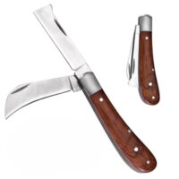 Multifunktionales Gartenmesser mit 2 Klingen, rostfreier Stahl, Birnbaumholzgriff, für Veredelung, Gartenarbeit und Pfropfen