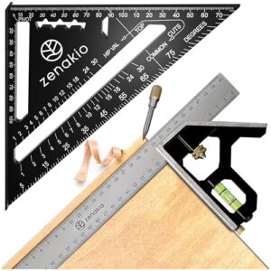 Multifunktionales Werkzeug-Set für Zimmerer mit Anschlagwinkel, Kombiwinkel und weiteren Funktionen zum Messen und Anreihen von Winkeln.