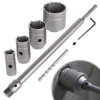 Beton-Trocken-Bohrkronen-Set mit 6 Stueck Bohrkronen, verschiedenen Durchmessern und einem SDS Plus Schaft. Ideal fuer die Herstellung von Loechern in Beton, Mauerwerk, Fliesen und Stein.