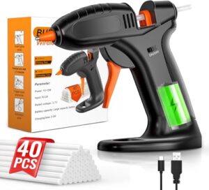 BURNNOVE Heißklebepistole Akku mit 3000mAh Akku, USB-C Aufladung und 40 Stk Klebestifte, ideal für DIY, Basteln und Reparatur