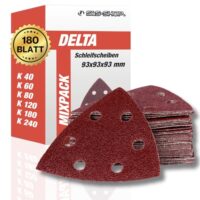 Delta-Schleifdreiecke mit Klett, 180 Blatt, 93 x 93 x 93 mm, 6 Löcher, je 30 x Korn 40-60-80-120-180-240, für Deltaschleifer und Multischleifer