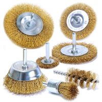 Drahtbüser Set 7-teilig für Bohrmaschine, Stahldraht vermessingt, Rundschaft 6mm, Scheibenbürsten 38, 50, 75, 100 mm, Topfbürste 75 mm, Pinselbürste 25 mm