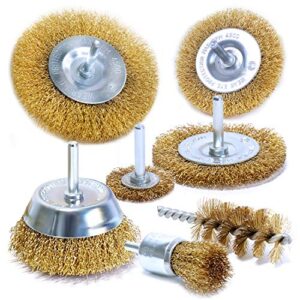 Drahtbüser Set 7-teilig für Bohrmaschine, Stahldraht vermessingt, Rundschaft 6mm, Scheibenbürsten 38, 50, 75, 100 mm, Topfbürste 75 mm, Pinselbürste 25 mm