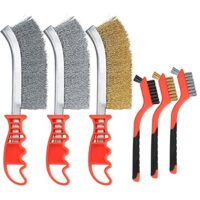 Set aus 6 Drahtbürsten in verschiedenen Größen, bestehend aus Edelstahl, Kohlenstoff und Nylon für die Reinigung und Bearbeitung von Holz, Bohrern und anderen Metallteilen.