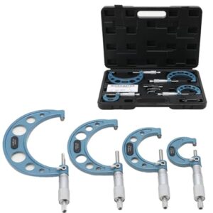Mikrometer-Set mit vier hochpräzisen Größen für Messungen von 0-25 mm, 25-50 mm, 50-75 mm und 75-100 mm. Bühlmessschrauben zum Außendurchmesser messen hochpräzise Produkte und Präzisionsteile.