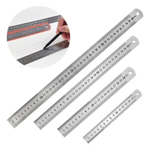 Edelstahl-Lineal 4er Set, Stahllineal, Metalllineal mit Doppelseiten Skala Kante, Messwerkzeug Metall für Schulen, Büros und Gebäude