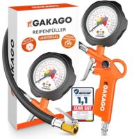 Gakago Reifenfüller: Präziser Reifendruckfüller mit hochwertigem 0-12 bar Druckluft Manometer. Extra langer 45cm Reifenfüllschlauch für Auto, LKW, Fahrrad und mehr.