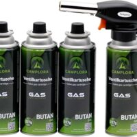 Gasbrenner mit 4 MSF-1a Gaskartuschen, 227g, Piezo-Zündung, 1 kW, Lötbrenner für Küche und Werkstatt