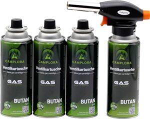 Gasbrenner mit 4 MSF-1a Gaskartuschen, 227g, Piezo-Zündung, 1 kW, Lötbrenner für Küche und Werkstatt