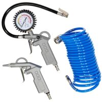 Druckluft-Set 3-tlg. Metall mit Reifenfüller, Spiralschlauch und Ausblaspistole für Kompressoren bis max. 10 bar