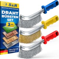 3-teiliges Hand-Drahtbürsten-Set: Edelstahl-, Messing- und Stahlbürsten für Metall, Holz, Rost, Entgraten und Schweißnaht-Reinigung - Ergonomische, schmale Handbürsten für Werkstatt & DIY-Projekte