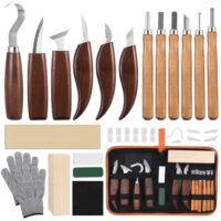 Holz Schnitzwerkzeug Set mit 12 Schnitzmessern und praktischen Schnittfeste Handschuhen, ideal für Kinder und Erwachsene zum Holzschnitzen.