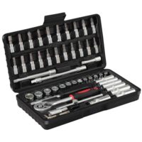 Umfassendes Werkzeugset mit 53 Teilen, ideal für DIY-Projekte, Auto-Wartung und elektrische Reparaturen. Enthält Steckschlüssel, Ratschen, Bohrersätze und Schraubendreher-Bits aus Chrom-Vanadium-Stahl.