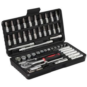 Umfassendes Werkzeugset mit 53 Teilen, ideal für DIY-Projekte, Auto-Wartung und elektrische Reparaturen. Enthält Steckschlüssel, Ratschen, Bohrersätze und Schraubendreher-Bits aus Chrom-Vanadium-Stahl.