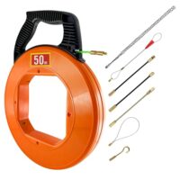Kabeleinziehhilfe 50m, Einziehspirale, Einziehfeder 50m, Polyester Zugdraht Fish Tape Einziehhilfe für Kabel mit 7 Führungsfedern, Kunststoffgehäuse (50M-B)